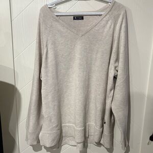 2X Oatmeal Heather V-Neck Tunic Sweater Ribbed Knit Athleisure Relaxed Pullover